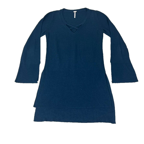 Free People Sweater Tunic Top S Navy Blue Criss Cross Neckline Long Bell Sleeve - Picture 1 of 7